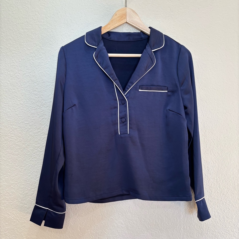 Code x Mode Royal Blue Cropped Satin Pajama Top / Blouse Lounge Chic Cozy